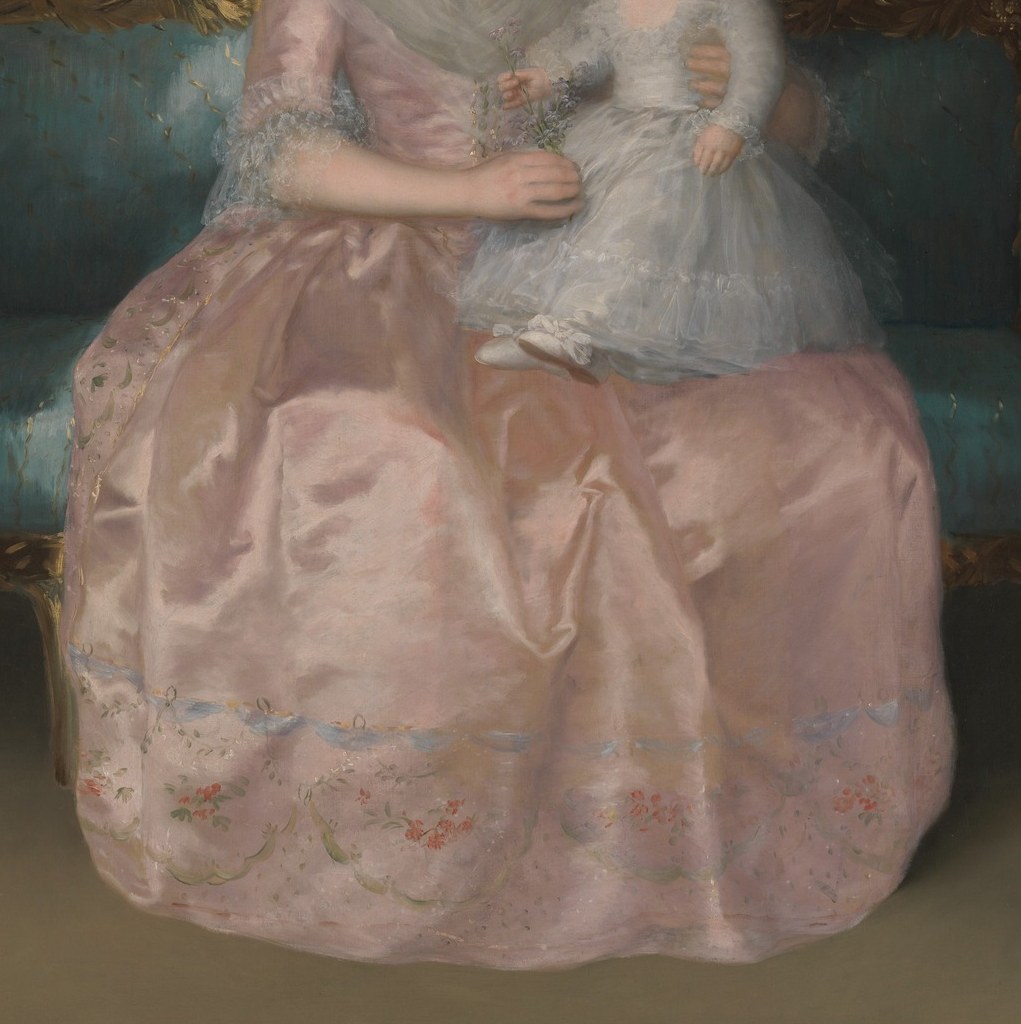 The shimmering satin occupies nearly half the canvas; Goya's bravura brushwork captures highlights and folds , a showcase of his painterly technique