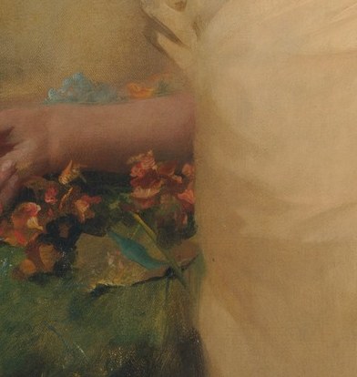Look at the flowers in his hand.