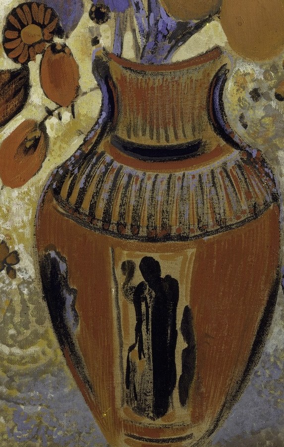 The vase itself is a rich terracotta color, but the painted scene on its surface depicts two dark, silhouetted figures, adding a layer of mystery and classical allusion.