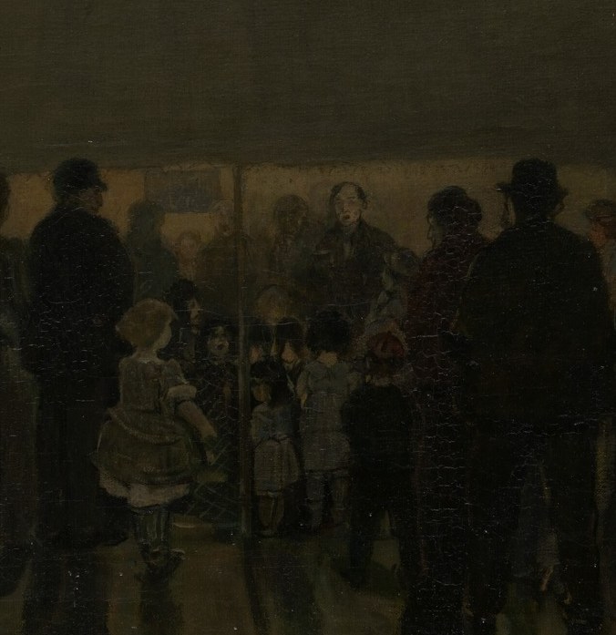 But at the center, he painted three people with care.