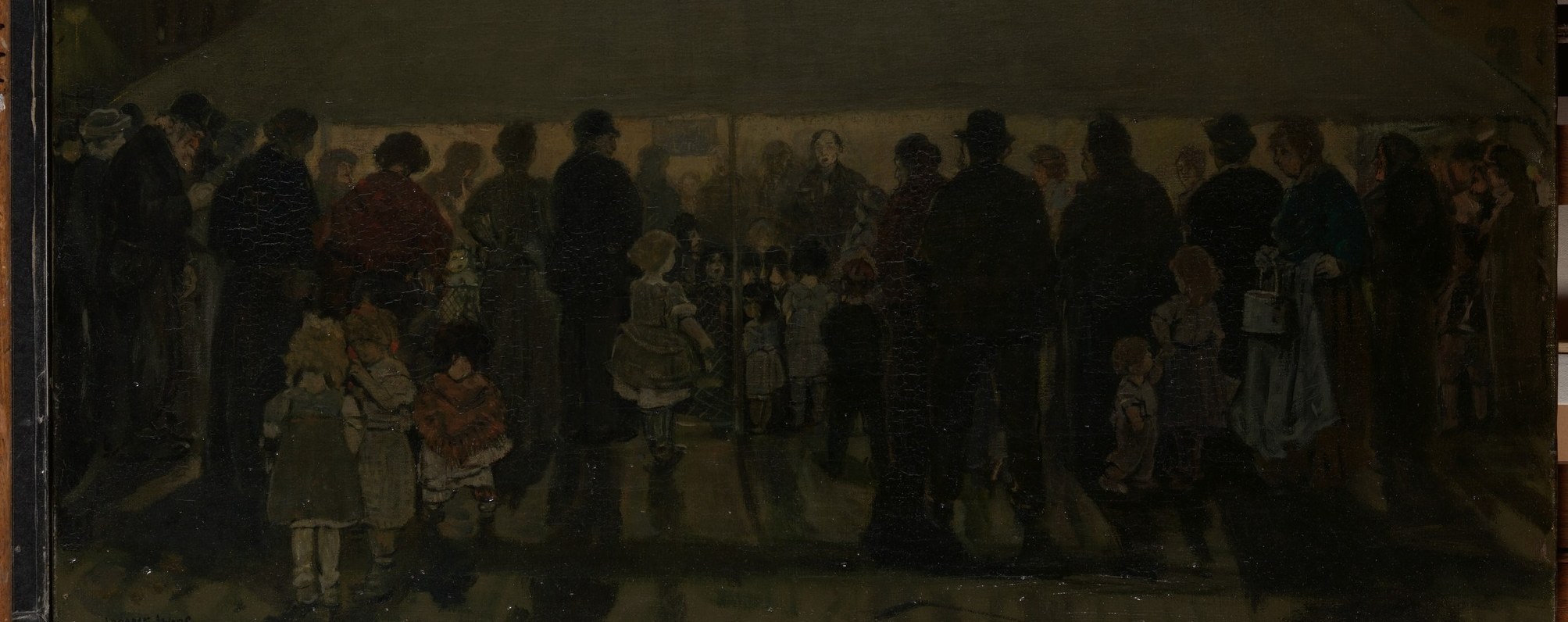 The crowd is deliberately anonymized into flat dark shapes , Myers refuses to individualize poverty, making the mass itself the subject.