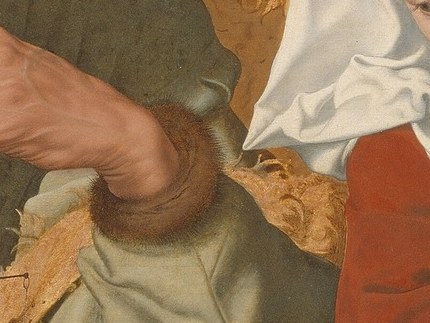 The merchant’s counting coins are meticulously detailed.