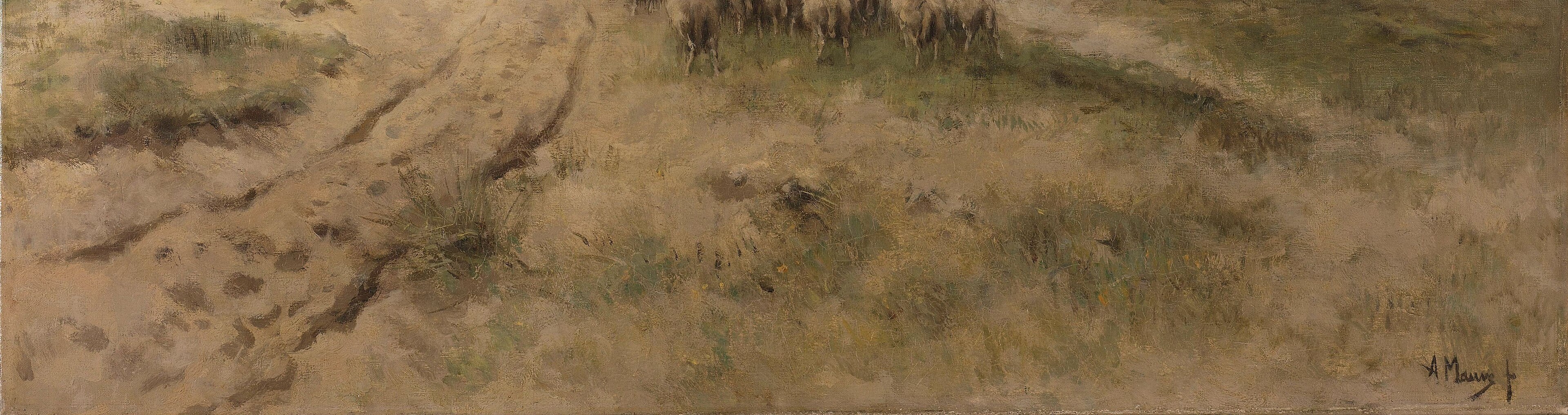 The luminous, gritty ground is painted with visible directional brushwork that conveys dry, powdery sand , a central technical achievement