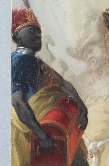 Another king, distinguished by a red turban, stands with a caduceus staff.