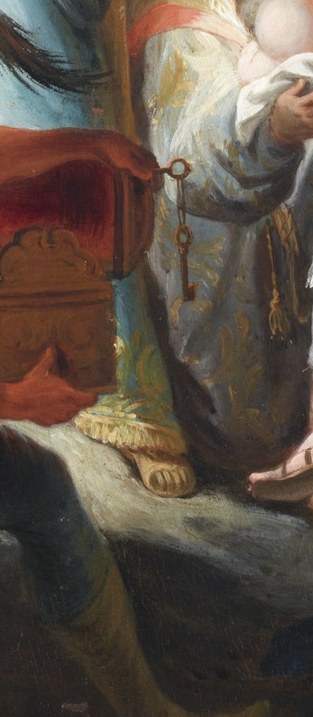 One king kneels in reverence, offering a richly adorned gift box.