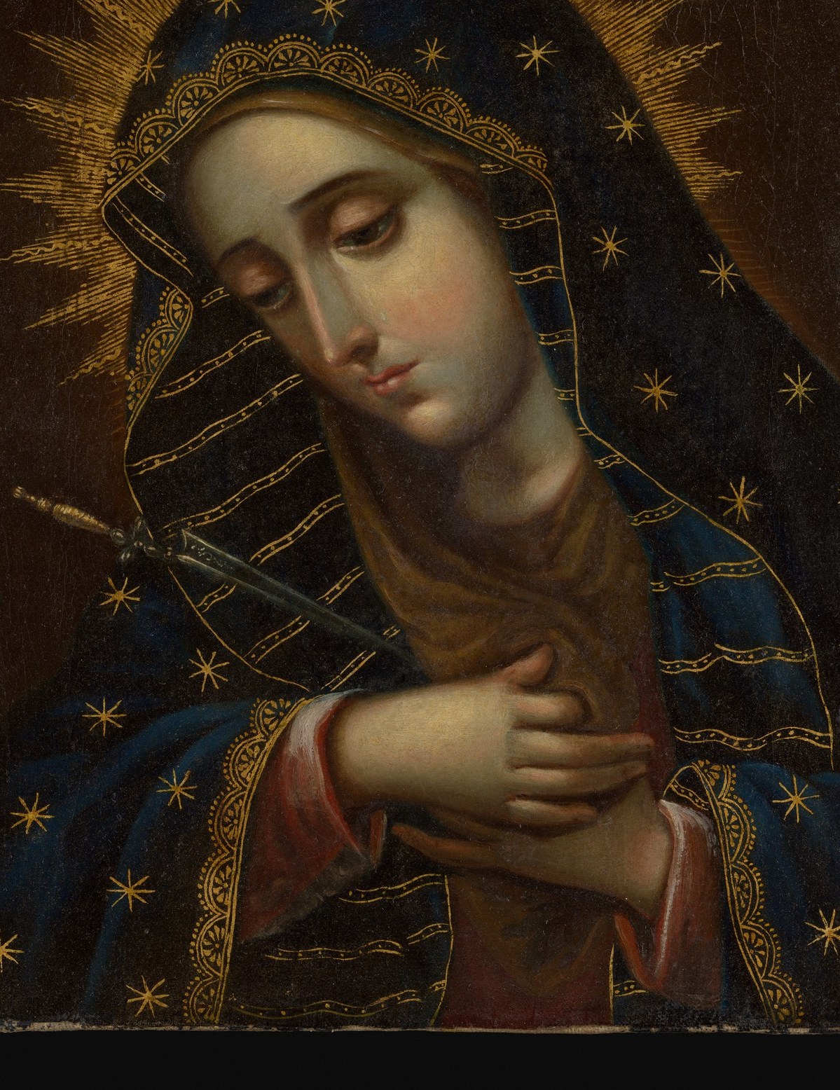 Her starry mantle suggests a divine connection.