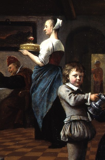 Her upright stance and the cake she carries signify the celebratory feast and the communal aspect of the event.
