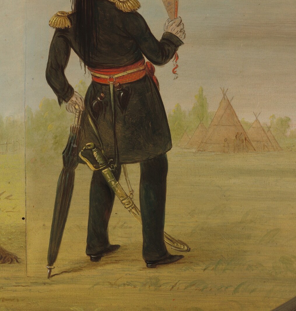 On the right, a European suit and hat.