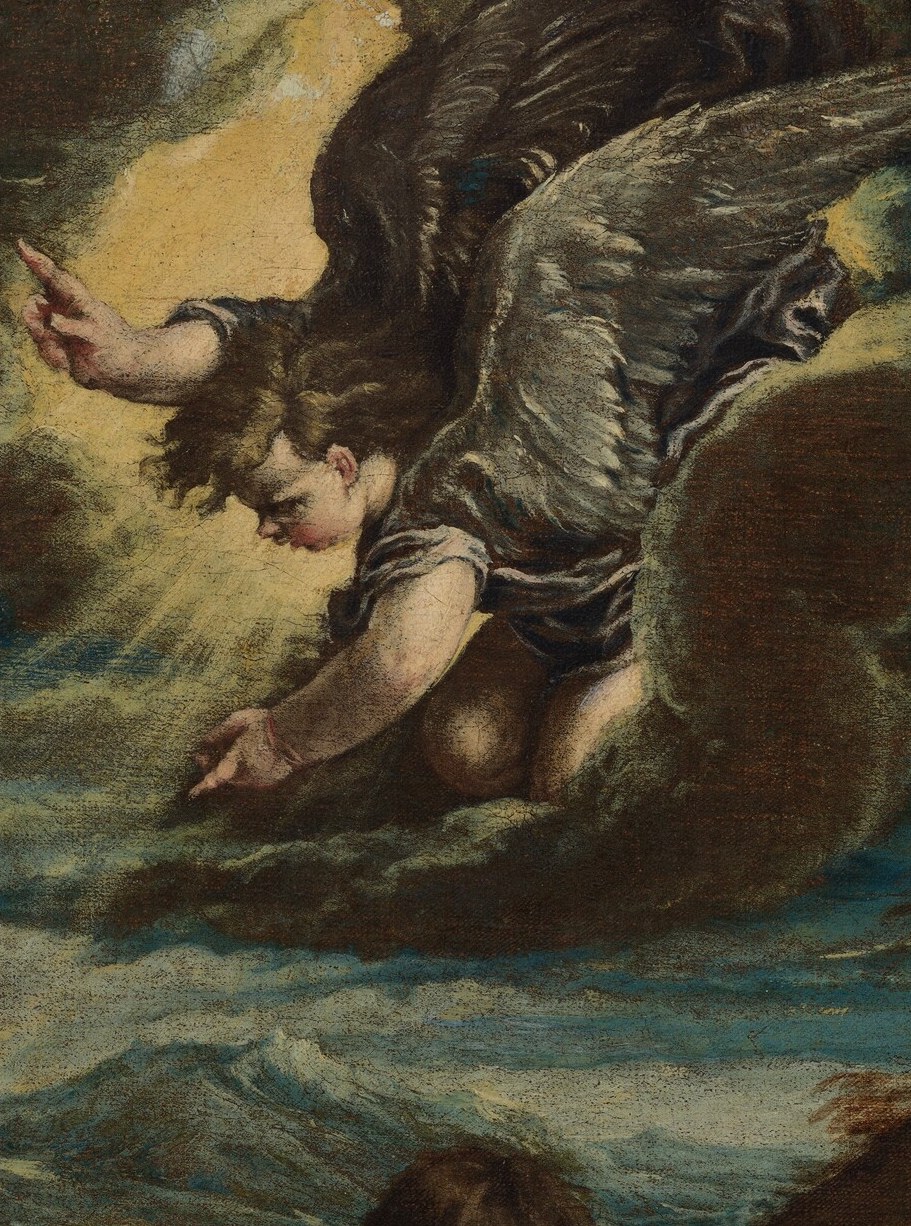Its radiant light and dynamic pose suggest divine intervention, drawing the viewer's eye upwards.