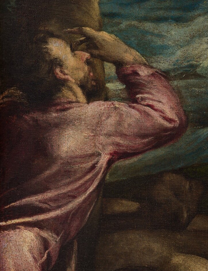 The shepherds look up, shielding their eyes from the light.