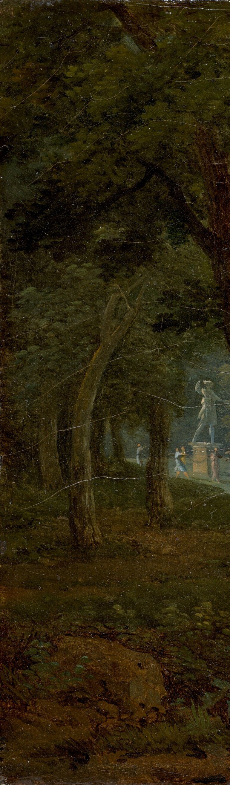 The dominant compositional anchor; gnarled dark bark frames the scene like a stage curtain and its sheer scale dwarfs the mythological drama behind it.