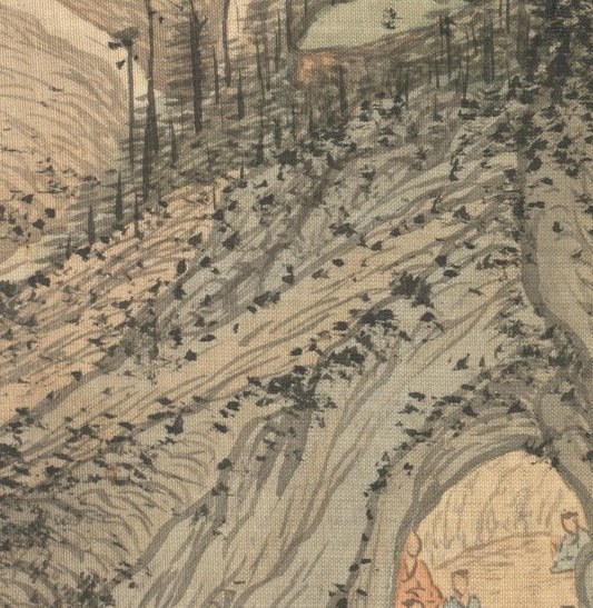 He used loose, sketchy lines for the rocks and trees.