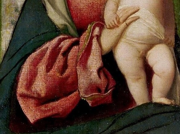 The Virgin Mary looks serenely at her child.