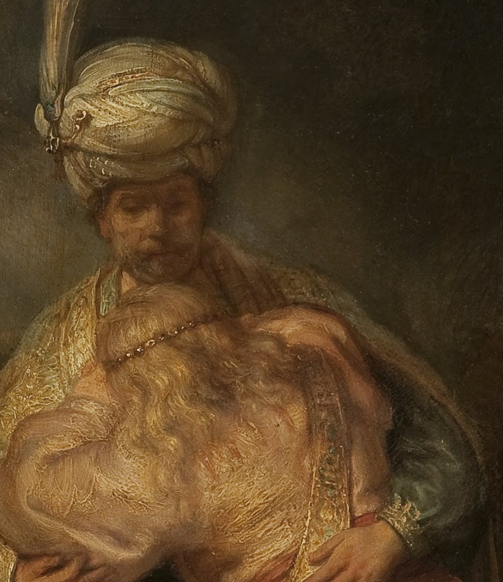 Rembrandt hides David's face entirely.