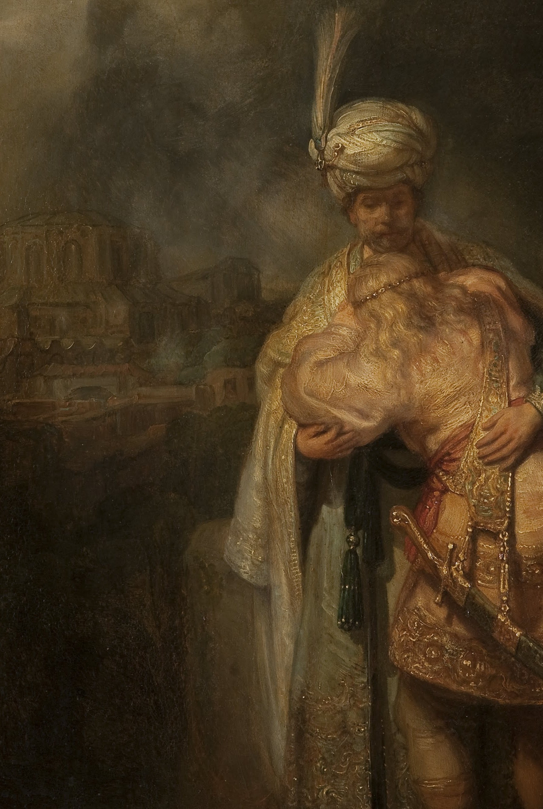 Rembrandt's impasto on the gold brocade is the technical showpiece of the canvas , texture visible even in reproduction