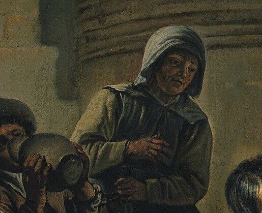 Her downward gaze and clasped hands suggest contemplation or weariness.