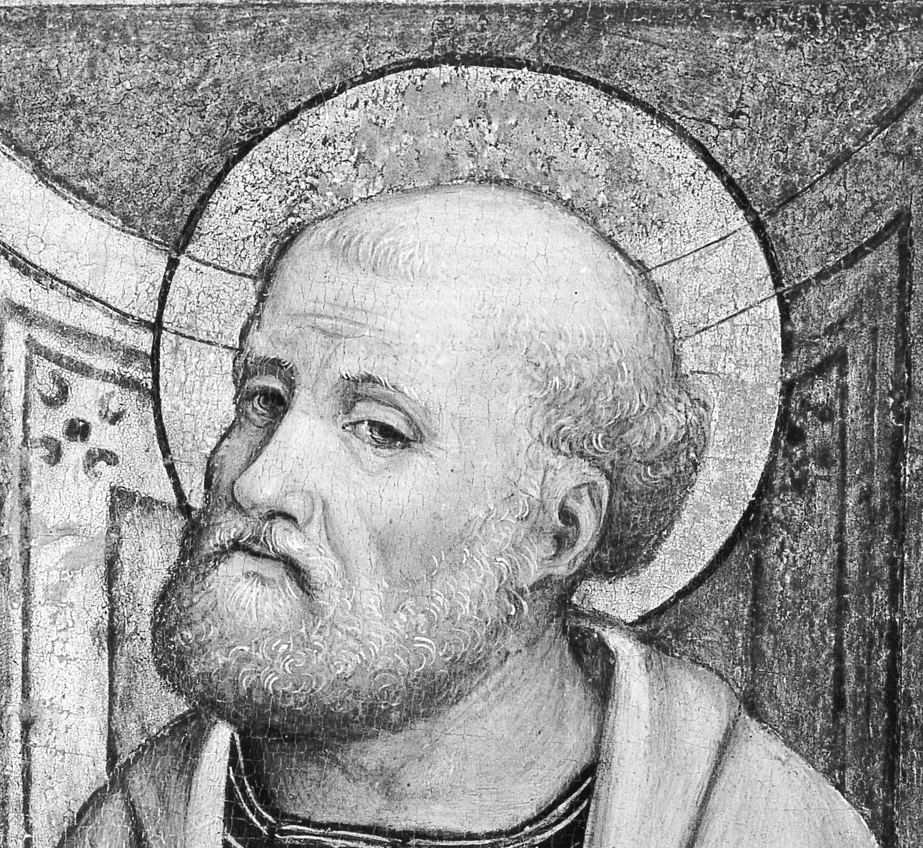 The halo's crisp circular edge against the plain background defines sacred status; its gold leaf surface would show tool-punched texture in higher resolution