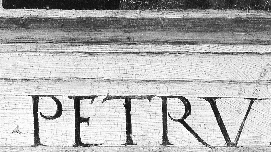 Latin name lettered in the tradition of predella labels , confirms identity and invites reflection on the naming of Simon as Peter (the rock)