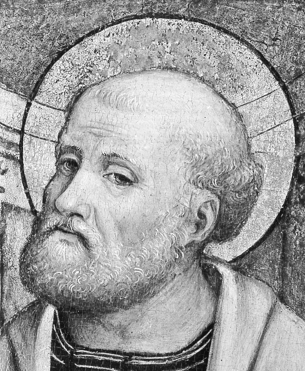 Elderly, contemplative expression , the canonical face of the apostle who denied and then was forgiven, readable in a single close-up