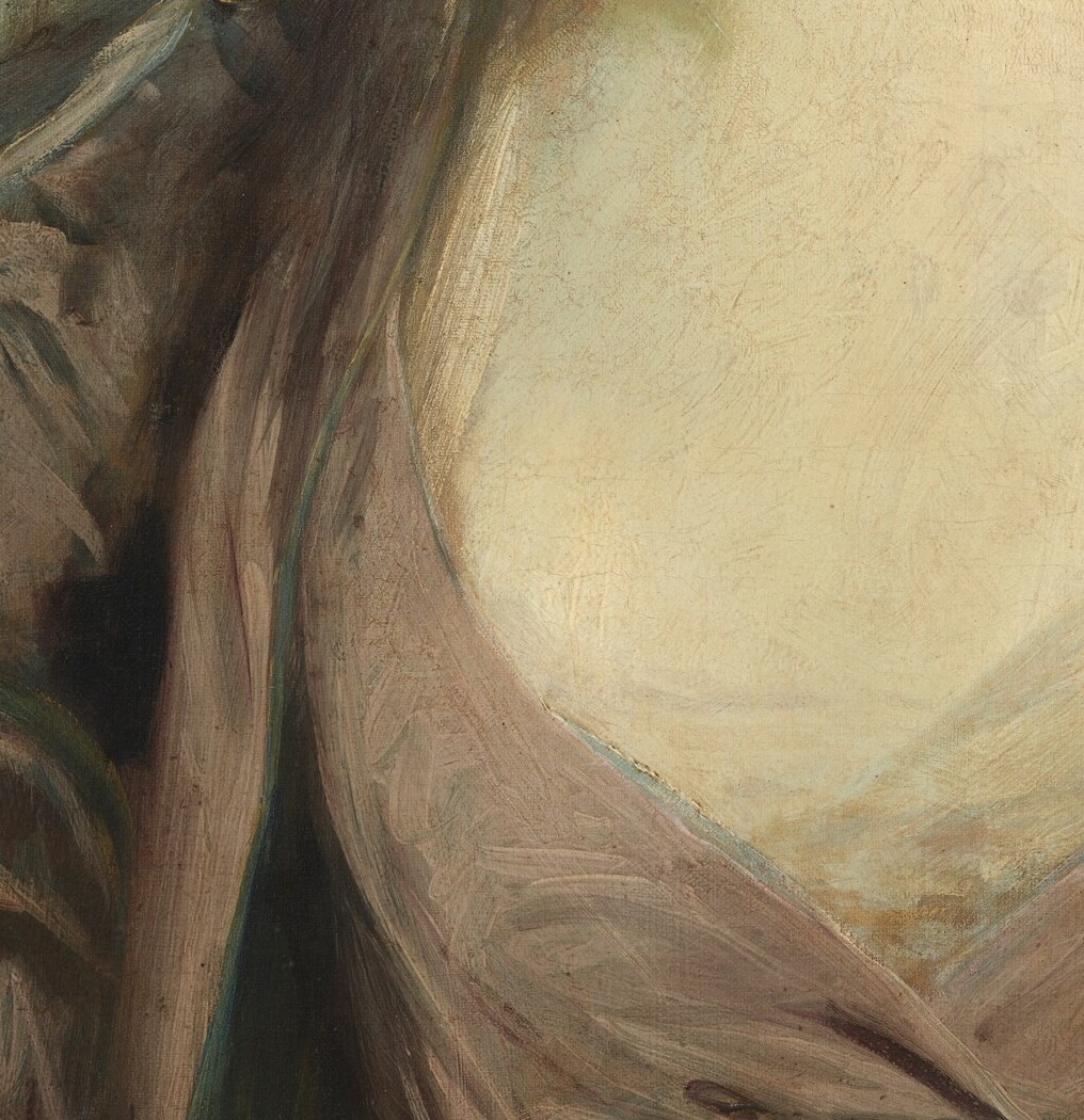 The simple yet elegant cut of the dress highlights the sitter's form and the richness of the fabric.