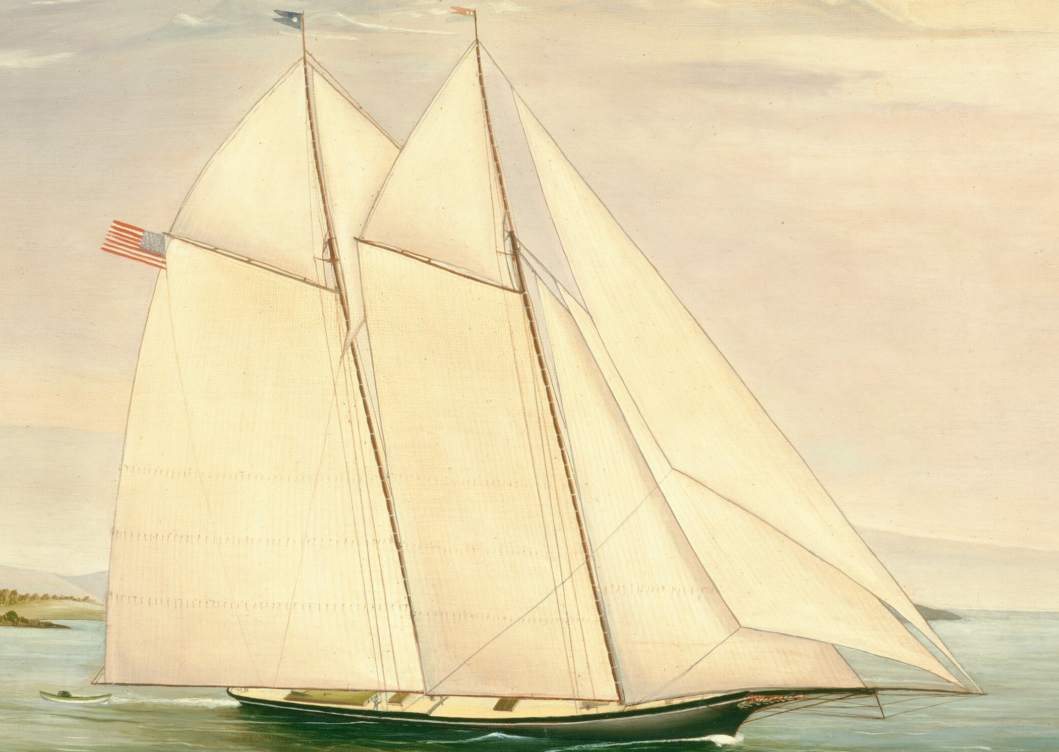 The central focus, its sails are luminous and its hull sleek, representing maritime power and elegance.