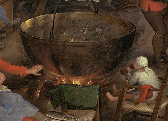 Everyday tasks fill the scene, like this cauldron over the fire.