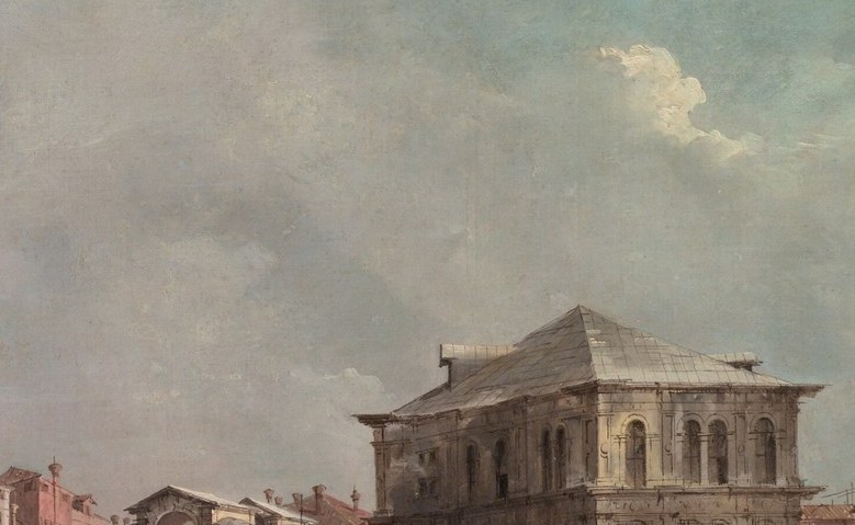 The compositional anchor of the whole scene; its single stone arch frames the canal beyond and identifies the exact location on the Grand Canal instantly.
