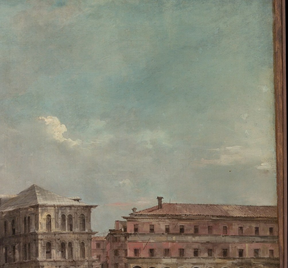The pale, imposing facade of what appears to be the Palazzo dei Camerlenghi or Fondaco; its cool stone contrasts with the animated water below and anchors the right half of the composition.