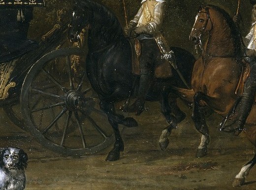 Black horses pull the carriage powerfully.