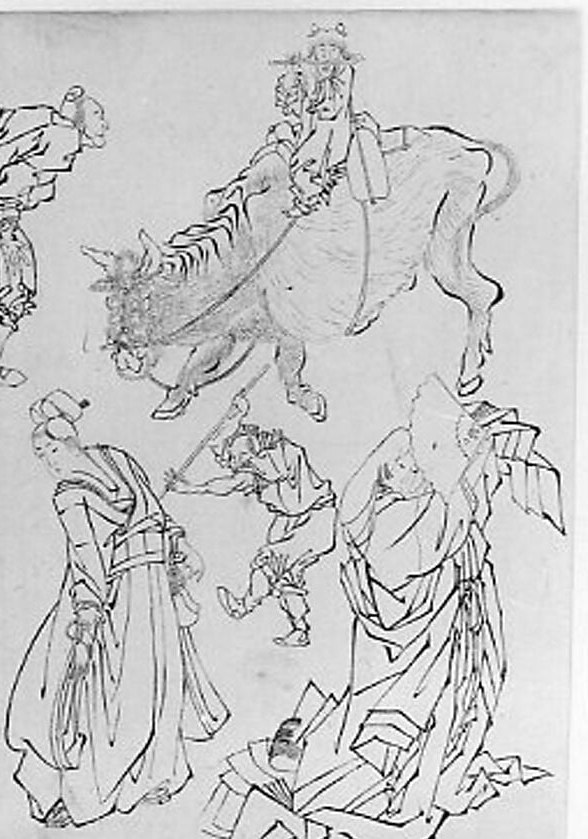 The right side appears to show a flat architectural plan or elevation with horizontal lines , possibly a preparatory study of the temple complex, revealing the working-drawing nature of this ink-on-paper sheet