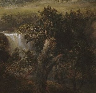 One kinetic note: the waterfall's white energy.