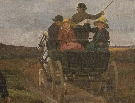 Passengers ride in the wagon.