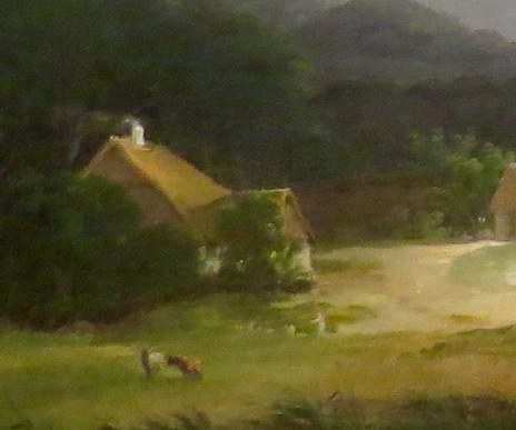 This building anchors the left side of the composition and provides a sense of rural habitation.