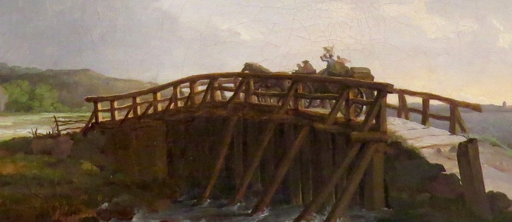 The central bridge, bustling with tiny figures, serves as a focal point and suggests human activity within the landscape.