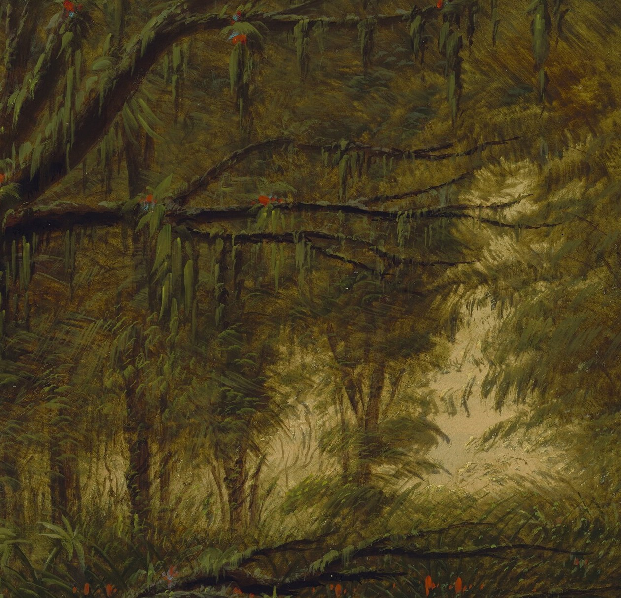 Catlin's key tonal device: a luminous vaporous light punching through the canopy, giving the swamp an almost sacred, primordial mood