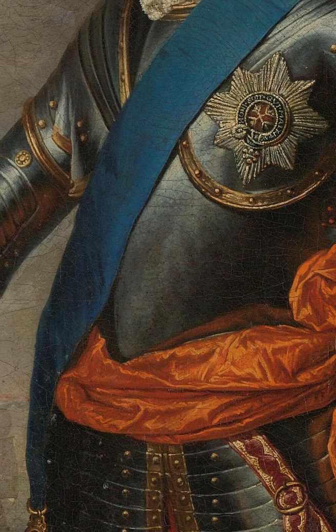 A prominent blue sash, likely indicating military rank or order, adds a vibrant color contrast.