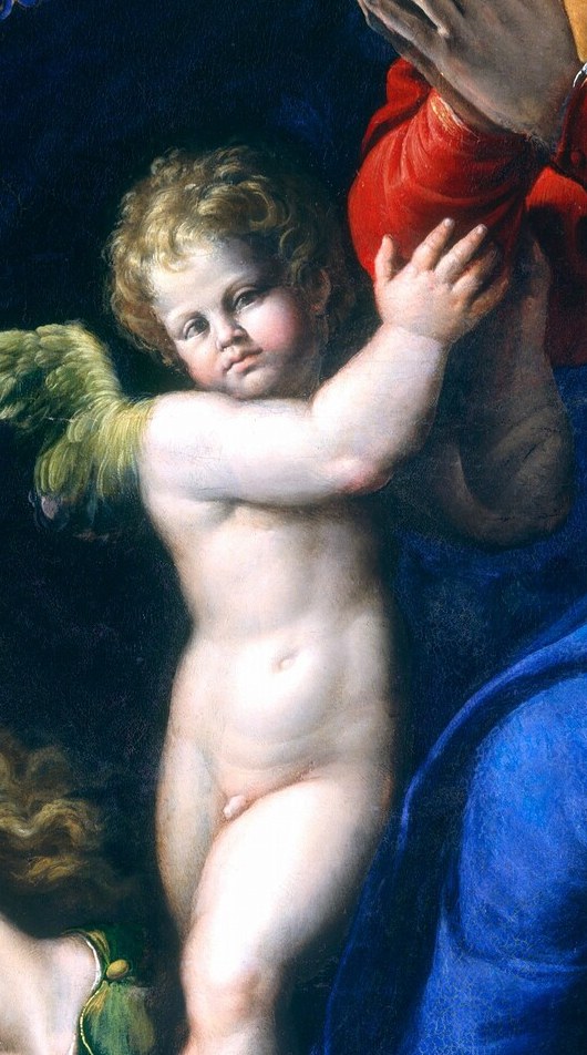 Around her, cherubs and angels witness the divine vision.