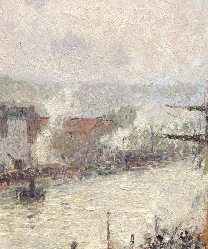 Two steamboats push their smoke into a flat, overcast sky.