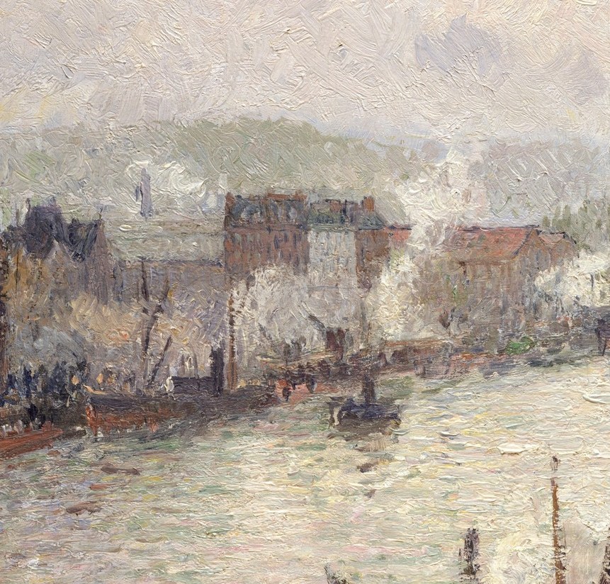 The dominant vessel anchors the composition; its billowing smoke stack trails upward and merges with the hazy sky, embodying Pissarro's interest in industrial atmosphere