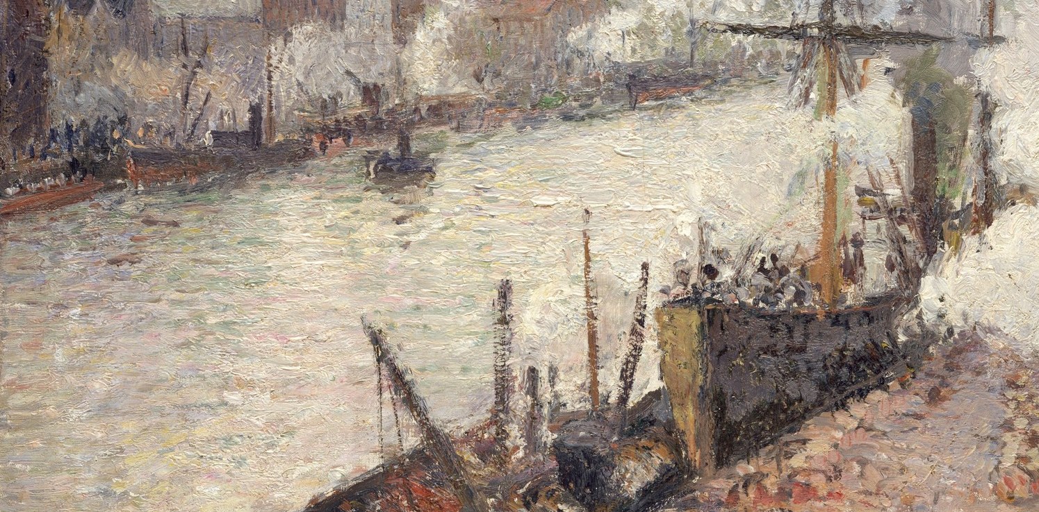 Pissarro's broken brushwork captures rippled reflections in muted blue-grey; the water carries echoes of hull and smoke without mirroring sharply