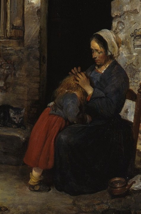 His wife and child wait, surrounded by the rough workshop.