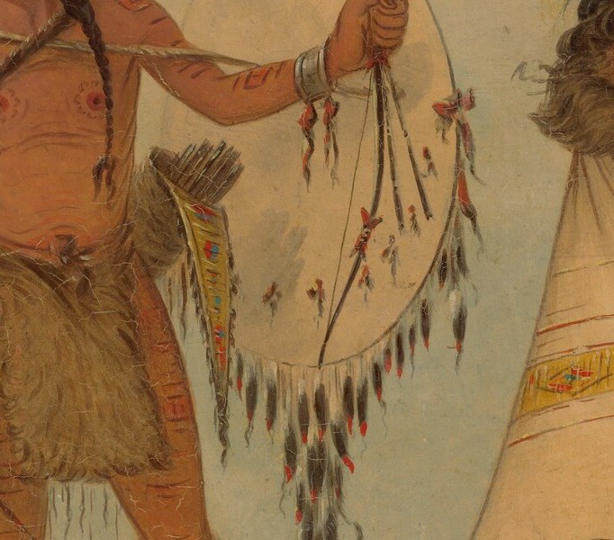 The warrior’s shield and spear are also depicted with detail.
