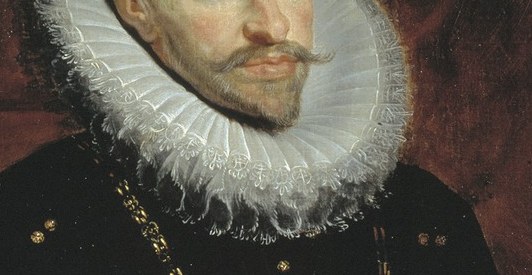 His stern gaze and elaborate ruff show his power and status.