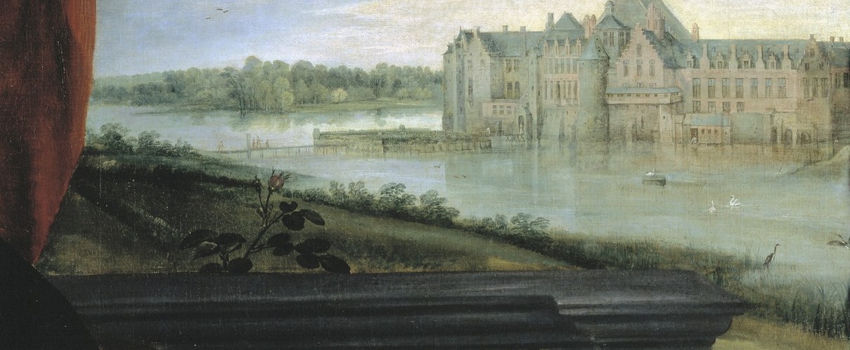 A serene lake, a distant palace, and birds in the sky.