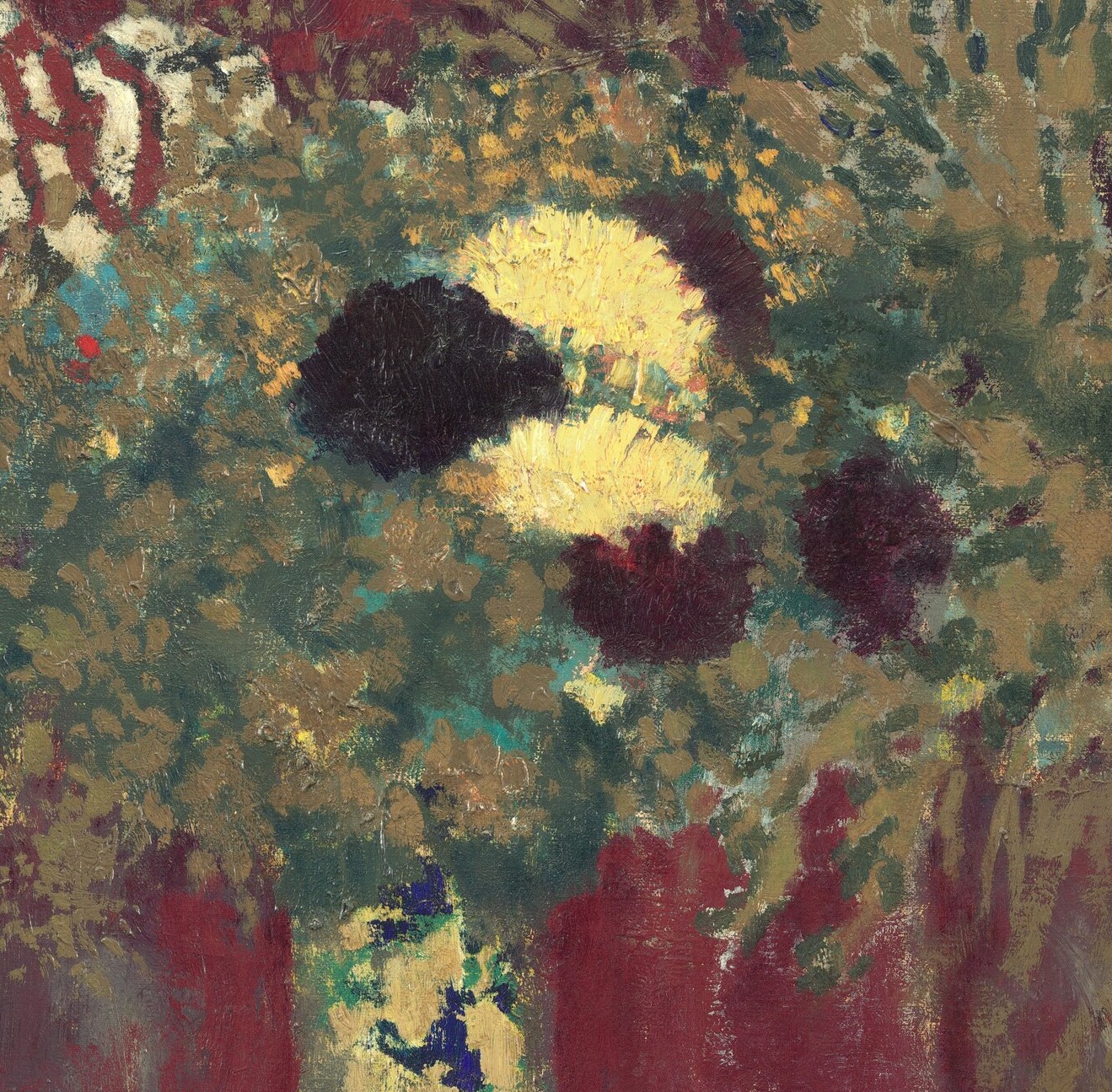 The vibrant, almost abstract rendering of the flowers, with their dark and light tones, creates a focal point of natural beauty within the interior.