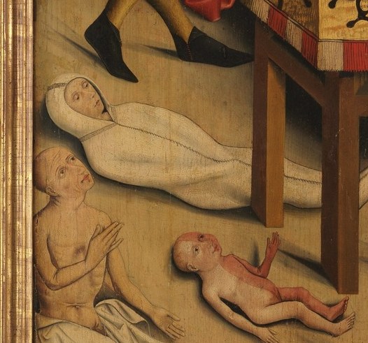 A figure in a shroud suggests illness or death.