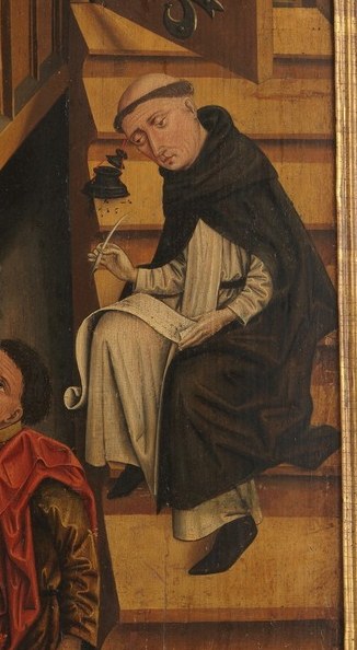 A monk diligently transcribes the sermon.