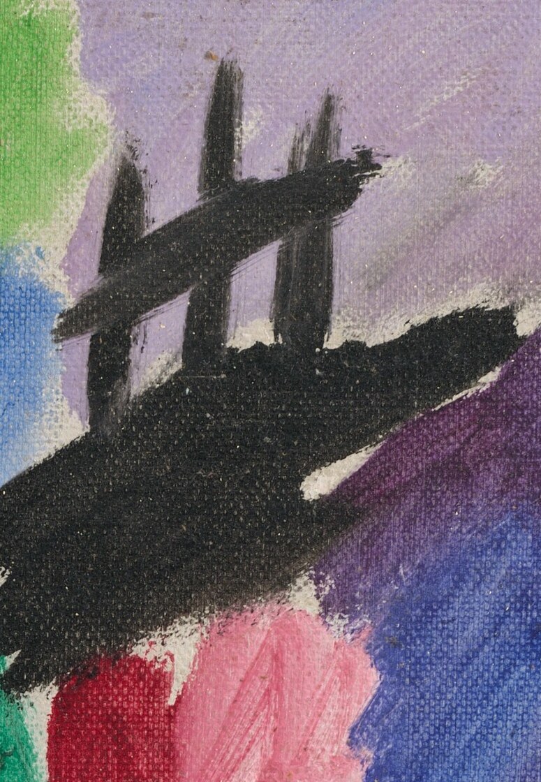 These bold, black strokes create a strong focal point and add a sense of mystery or tension to the composition.