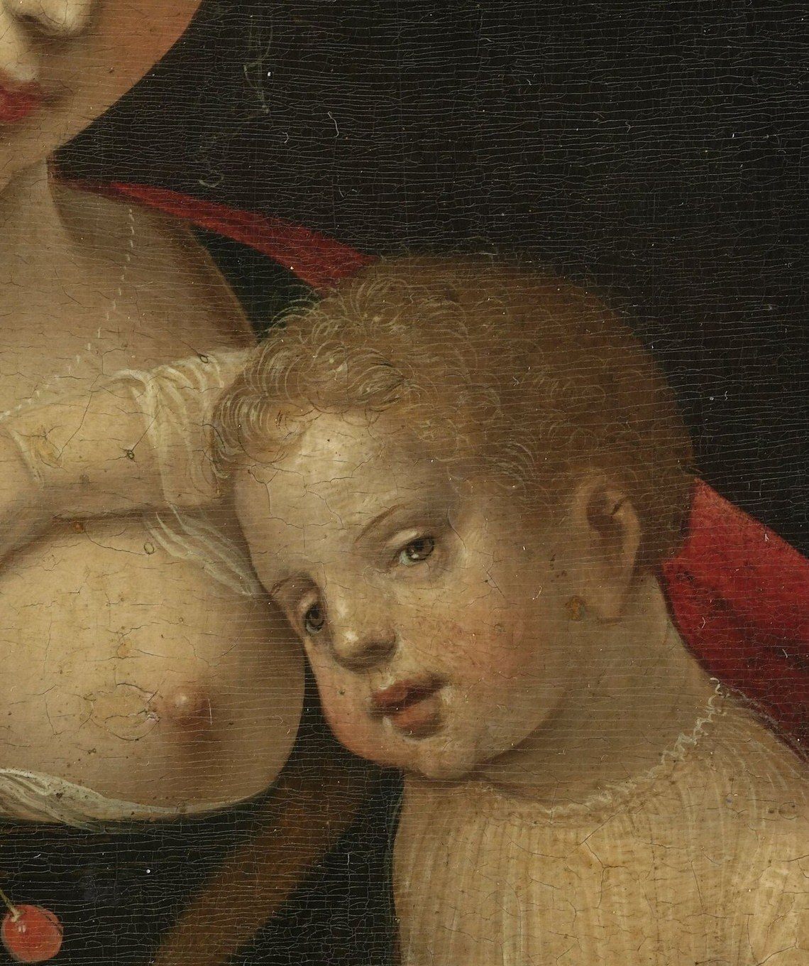 The infant's neutral, alert expression , neither smiling nor distressed , lends theological gravity to what could otherwise read as genre painting.