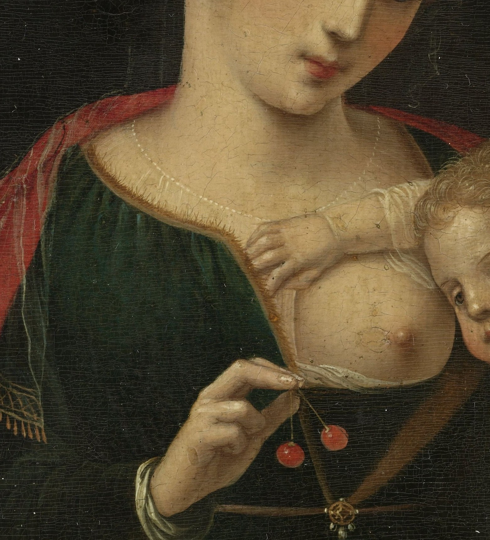 The deep green fabric shows subtle brushwork in the folds; green historically signifies hope and eternal life in Marian iconography.